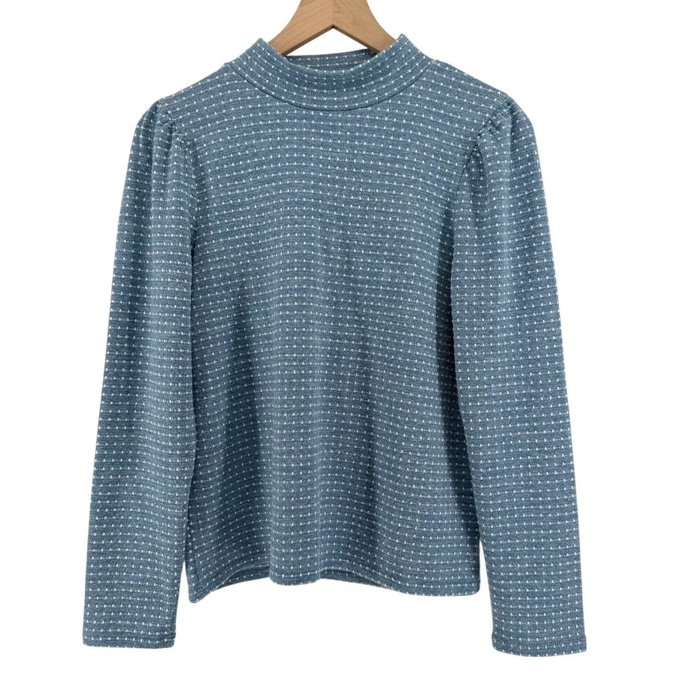 Madewell Blue Dotted Stripe Mock Neck Puff Sleeve Textured Knit Top M